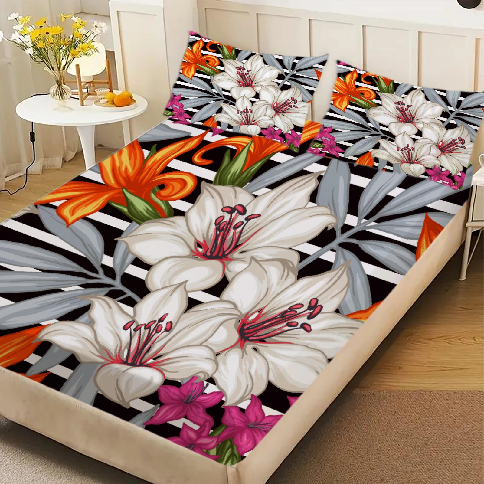 3pcs Fitted Sheet Set Black And White Stripes With Pinecones And Poinsettias Bed Sheet With Pillowcases For Bedroom Decor