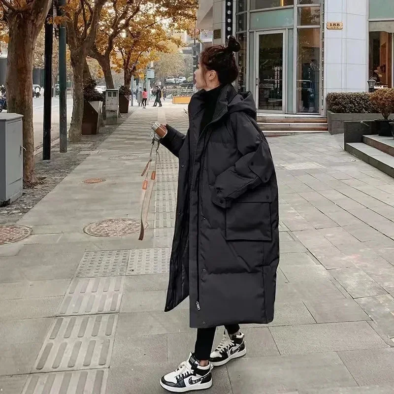 GIDYQ Winter Warm Long Down Jacket Women Korean Loose Pockets Preppy Style Cotton Parka Fashion Hooded Thick Snow Overcoat New