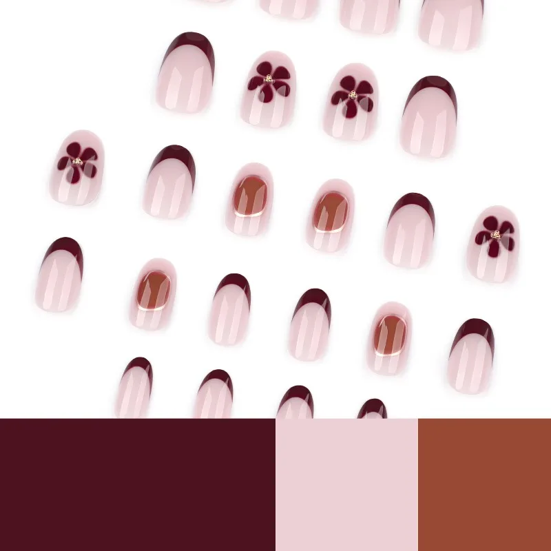 24 قطعة قصيرة مستديرة عصا على الأظافر الفرنسية الأظافر كاذبة النساء زهرة السحر الذاتي مسمار اضغط على الأظافر مع أدوات مجموعة الأظافر الاصطناعية