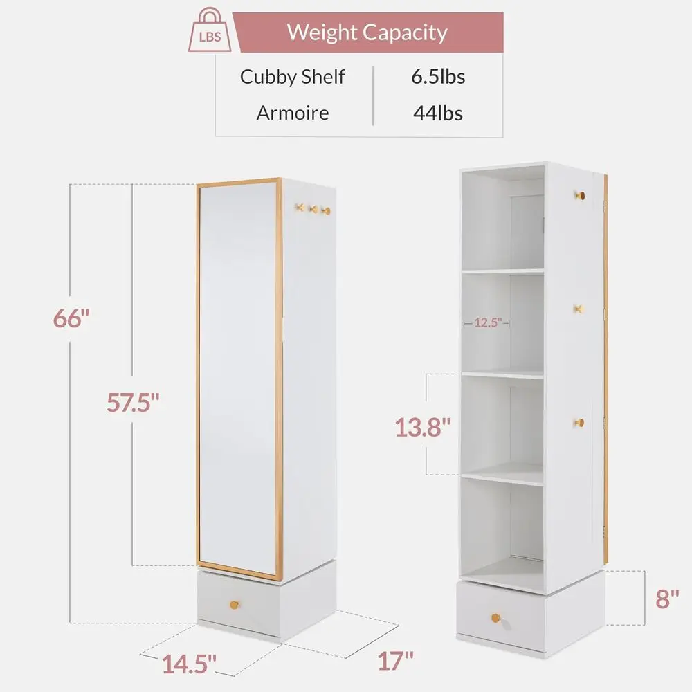 Rotating Mirror w/Storage Cabinet, 360 Swivel lry Armoire w/ull-Length Mirror, Gold Metal e Tower w/Cube Shelves, Built-In lry O