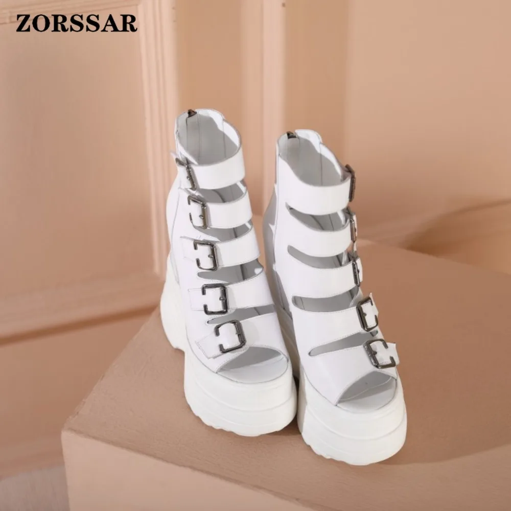 Women's White 16cm Super High Heel Wedge Platform Sandals Cutout Ankle Boot Open Toe Back Zipper Multi Buckle Strap Party Shoes view 6