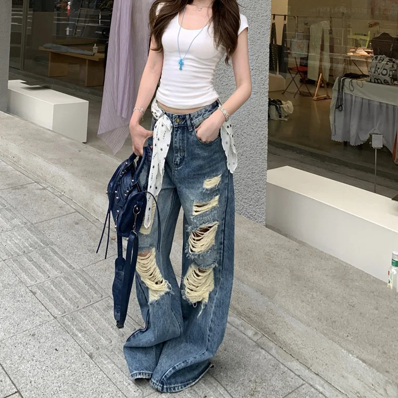 Benuynffy Vintage Y2K Jeans lavati strappati da donna American Streetwear Pantaloni in denim a gamba larga larghi casual a vita bassa 2025