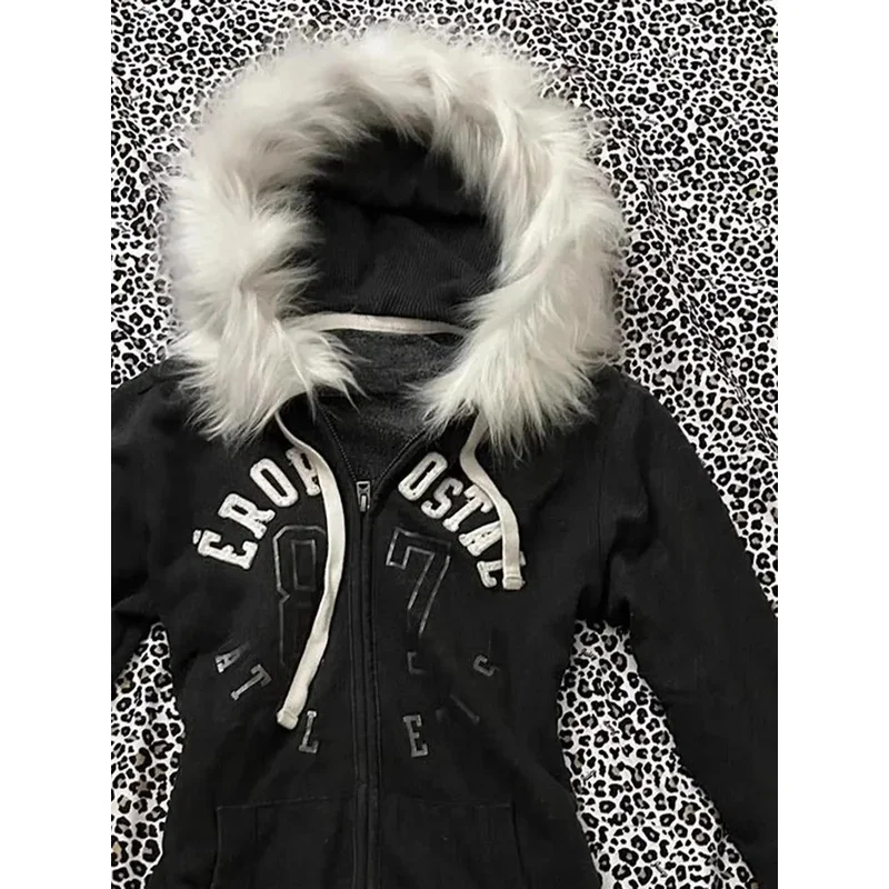 

New Zipper Hoodie Women Y2k Harajuku Retro Letter Printed Fur Collar Slim Hoodie Fashion Simple Black Sweatshirt Warm Jacket Top