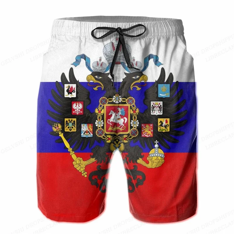 Russia Eagle Emblem Graphic Beach Shorts Men 3D Russian Flag Bear Printed Board Shorts Swimsuit homme 2024 Summer Swim Trunks