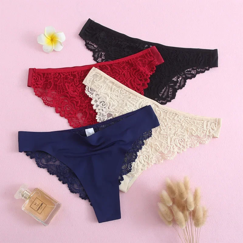 

New Women Sexy Thong Lace Ice Silk Briefs Pure Cotton Crotch Breathable No Trace Low Waist Underwear Women Panties