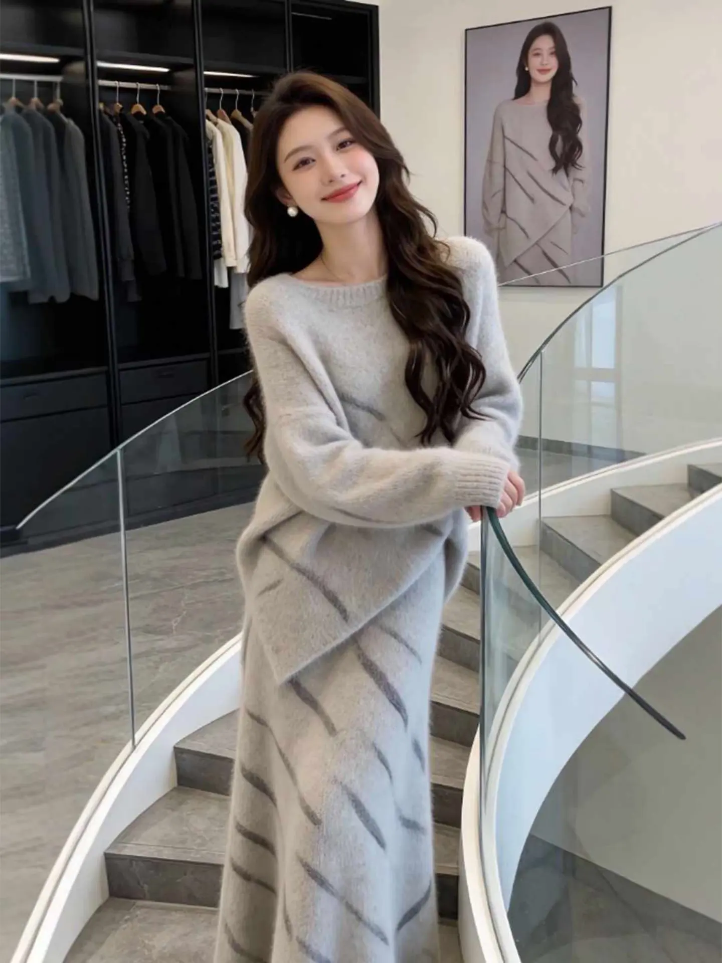 

Lazy Chic Women's Two-Piece Set Spring New Loose Top And Color Blo Skirt Faionable Casual Sle High Waist round Ne