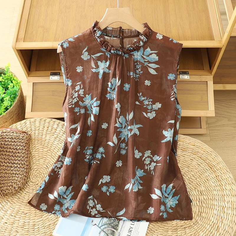 

plus Size Spring Summer New Women's Top Vest Sleeveless Cotton Linen Base Shirt Floral Print Casual Comfortable Fit Shirt