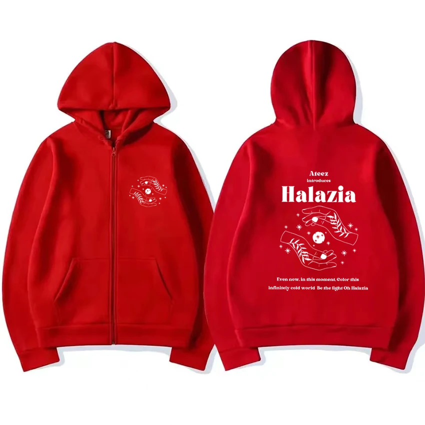 Kpop Ateez Band Halazia dua sisi cetak Hoodie mantel Pria Wanita vintage Y2k ritsleting jaket Unisex hitam bulu domba