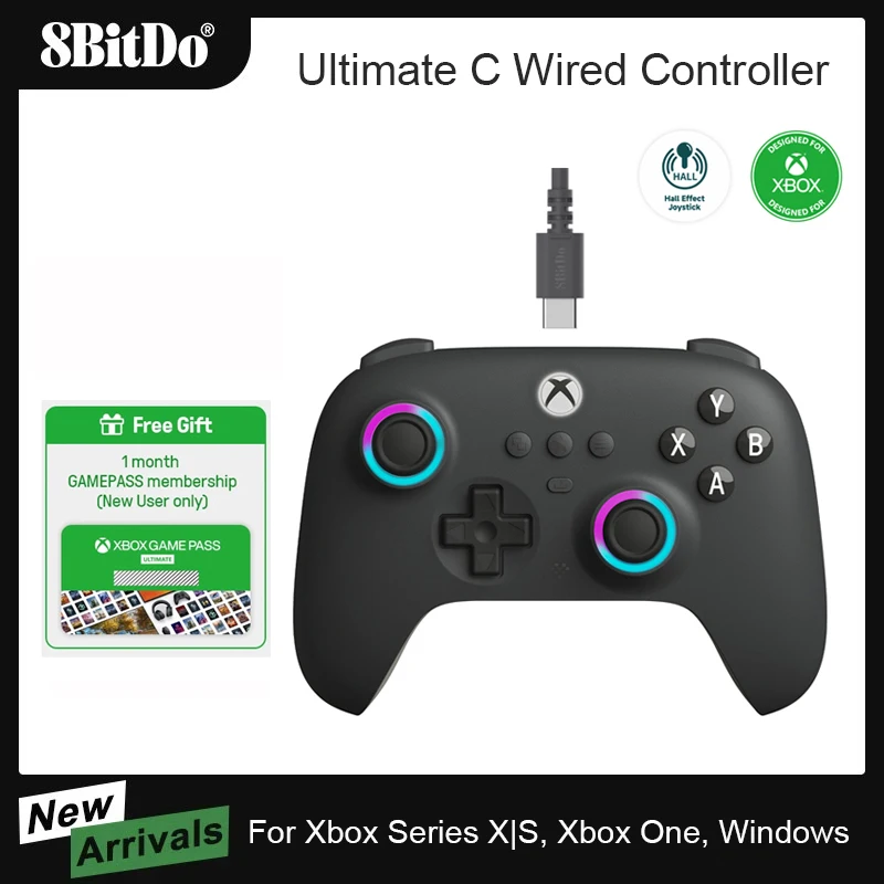 Controller di gioco cablato 8BitDo Ultimate C per Xbox Series X/S Xbox One con joystick ad effetto Hall con illuminazione RGB per Windows 10/11