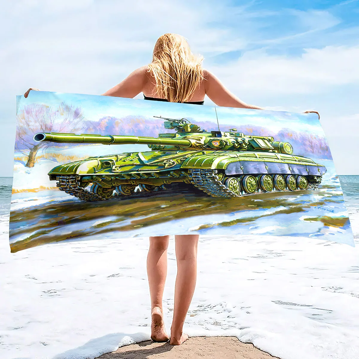 Beach Towel Oversized,Thick Sand Free Microfiber Beach Towel Tank Print, Super Absorbent Quick Dry Swim Beach Towels for Men,Boy