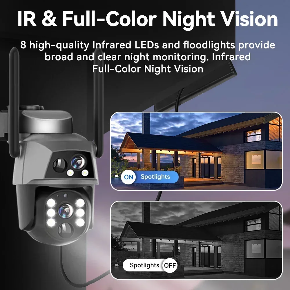 4G LTE Solar PTZ Camera, 100% Wireless WiFi Outdoor, 8MP Dual-Lens with Auto-Tracking, 2K Color Night Vision, IP66 Weatherproof