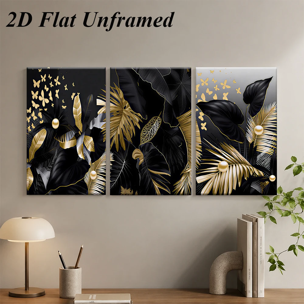 1 set of modern living room triple frameless decorative paintings, plants, pearls, butterflies, decorative paintings, 2D plan