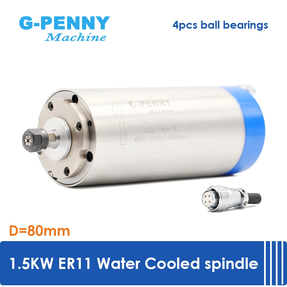 

G-Penny 1.5kw ER11 Water Cooled Spindle Motor 4 pcs Bearings 80x200mm 0-24000rpm Accuracy 0.01mm For CNC Wood Working Engraving
