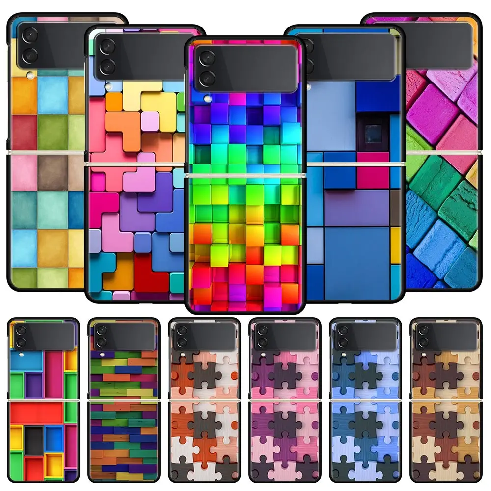 Phone Case for Samsung Galaxy Z Flip 3 4 5 6 7 Folding Shell For Samsung Z Flip4 PC Hard Cover Colorful Block Art