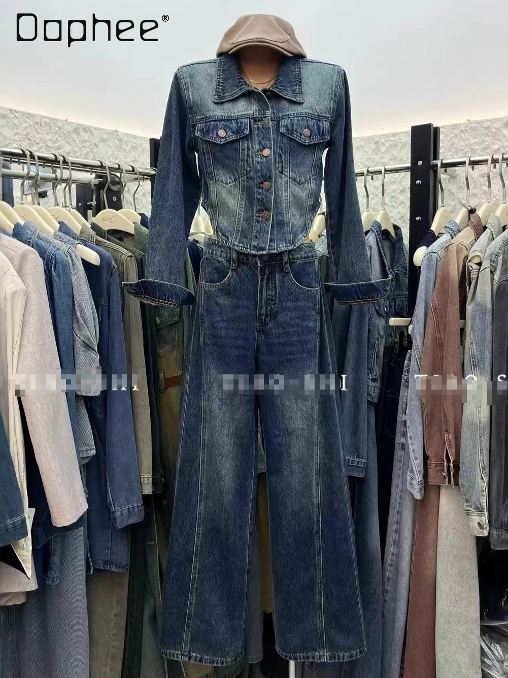 

Korean Chic Trendy Denim Suit Autumn New Fashion Lapel Short Jacket High Waist Slimming Straight Pants Two-Piece Set Women