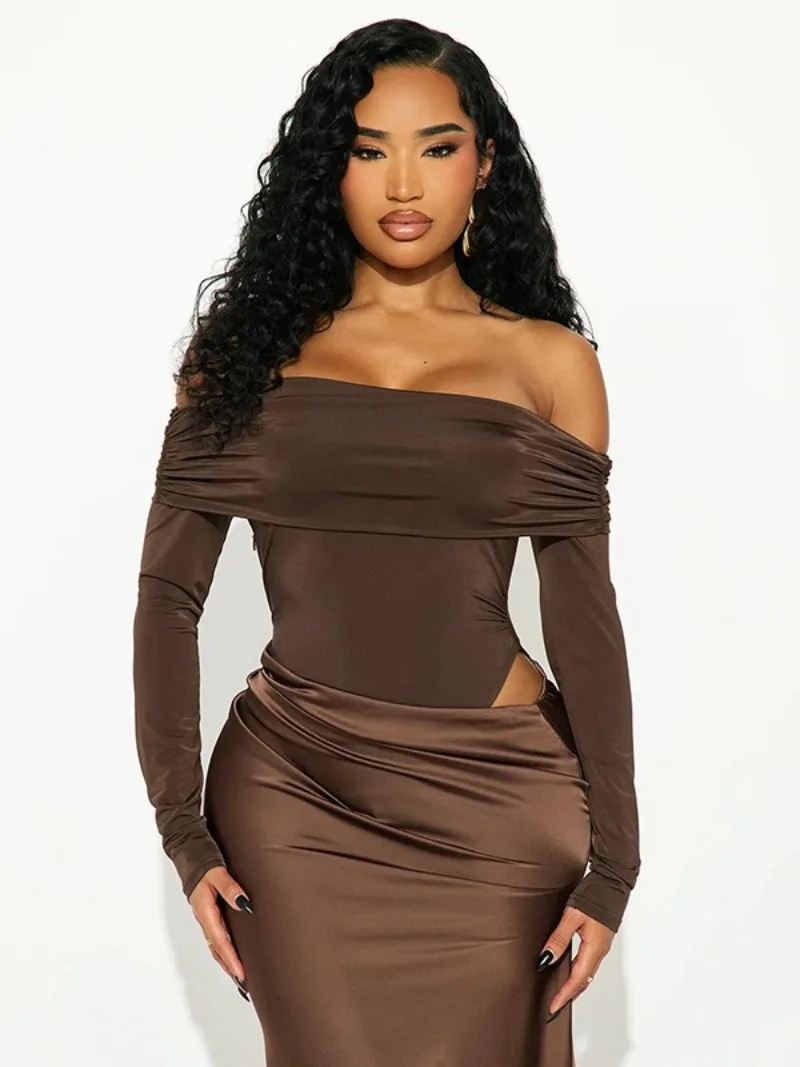 FDYOUI エレガントシックサテンパッチワークホローアウトロングドレス女性スラッシュネックフルスリーブ非対称ブラウンイブニングパーティードレス