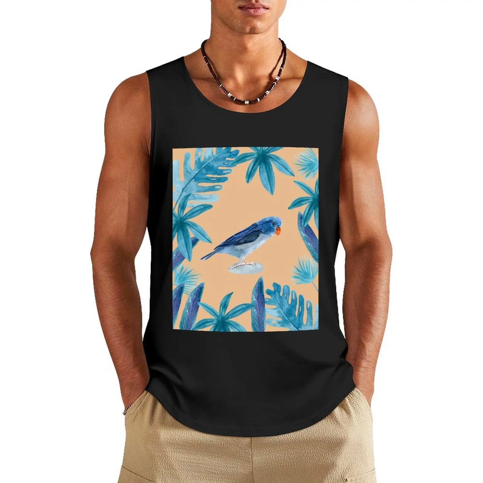 

Blue Pacific Parrotlet with tropical leaves and a coral background Tank Top sleeveless shirt man