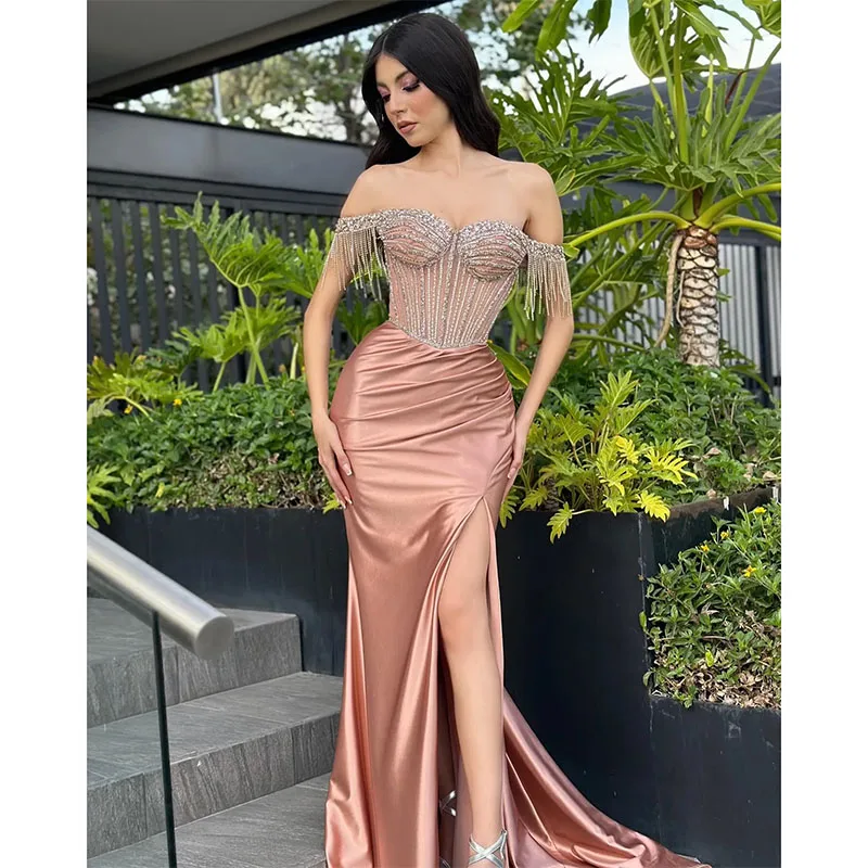 Rosy Gold Prom Dress Crystal Tassels Off Shoulder Evening Dresses Bodice Split Formal Long Special Occasion Party Gown