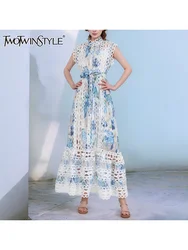 TWOTWINSTYLE Colorblock Spliced Button Hollow Out Dress For Women Stand Collar Sleeveless High Waist Dresses With Lace Up Female