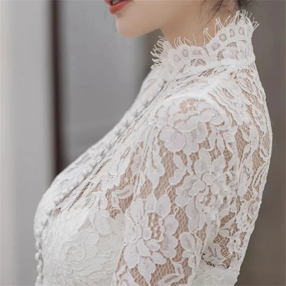 Elegant Lace Button High Neck Illusion A-line Simple Wedding Dresses 2024 Sweep Train Full Sleeves Bridal Gowns Vestido De Noiva