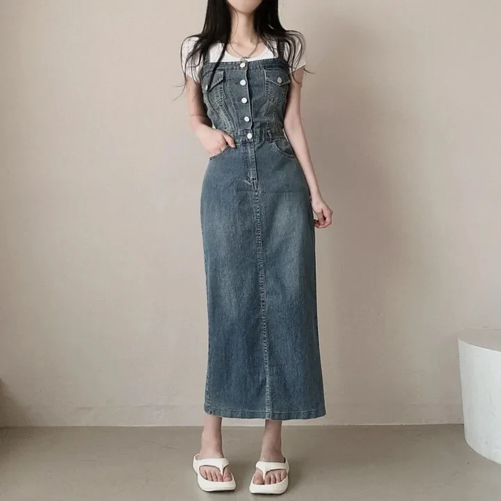 한국 스타일 벨트 데님 드레스 여성용 초가을 신상 슬림 롱 스커트 패셔너블 우아한 나이를 잊게 하는 드레스