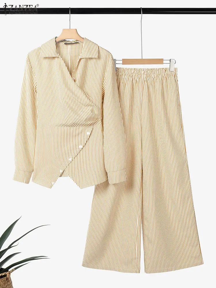 

Women's 2 Piece Pant Sets Fashion Striped Lapel Long Sleeve Tie-Waist Blouses and Wide Leg Pants Suit ZANZEA Office Wear Outfits