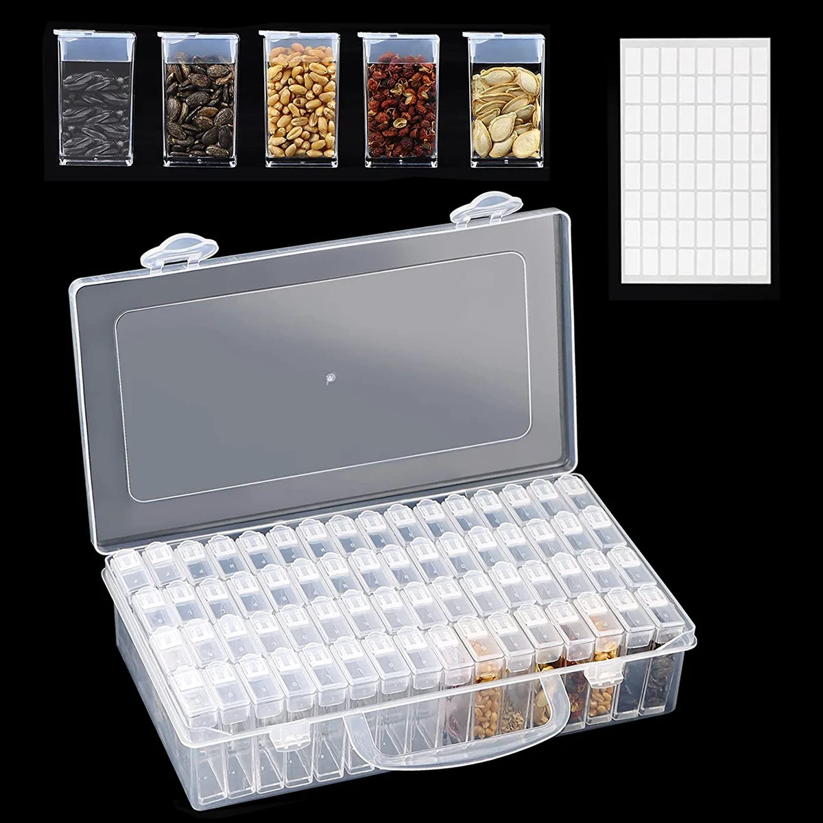 64 Slots Diamond Painting Storage Box Portable Multi-Purpose Seed Organizer Nail Art Embroidery Storage Container with Stickers