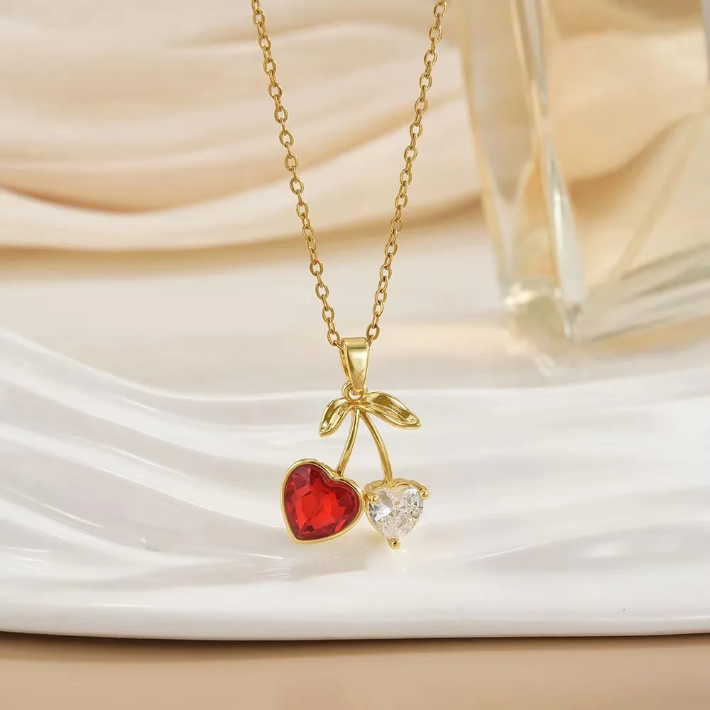 Stainless Steel Cute Sweet Red Crystal Cherry Fruit Pendant Necklaces for Women New Charm Bride Korea Collar Jewelry Colorfast