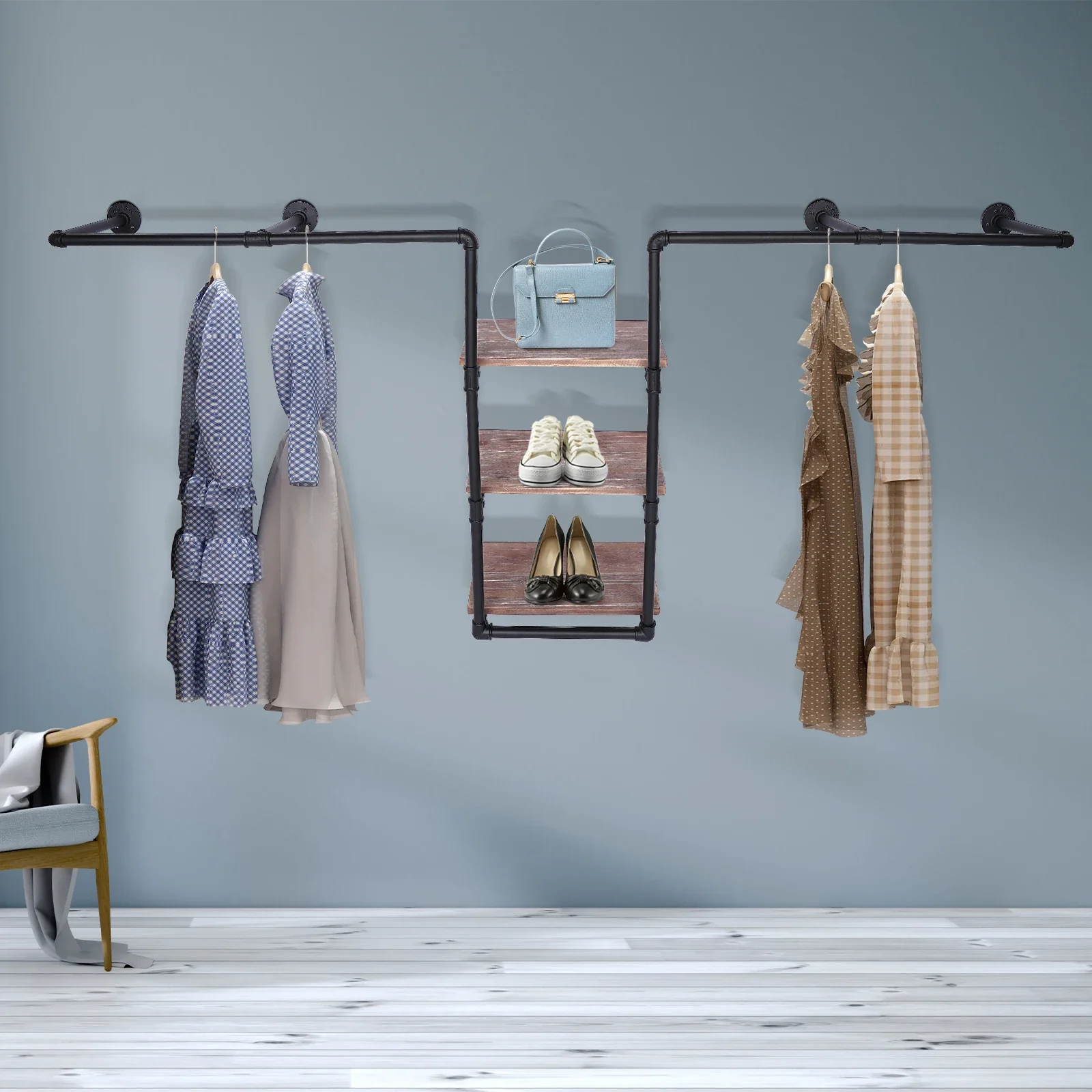 

Industrial Pipe Clothing Rack W/ 3-Tier Solid Wood Shelves, Rustic Garment Hanging Bar, Multi-Purpos Wall-Mounted Display Shelf
