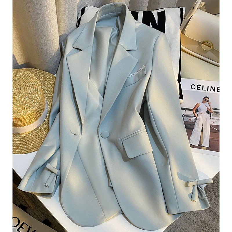 

Women Black Oversized Blazer with Cuff Bow Knot Detail & Lace Pocket Trim, Single Button Notched Lapel Casual Office Suit Jacket