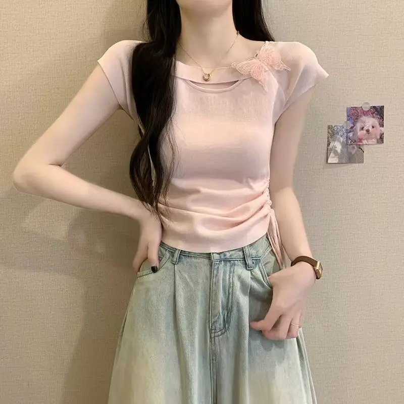 Sweet Knitted Short Sleeve T-Shirt Women's Design Sense Drawstring Slimming Versatile Pink Top  Pattern Moisture Wic...
