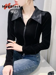 MadBlack-Women's European Flocking T-Shirt, Sexy Lapel Zipper Top, Streetwear Long Sleeve Slim Short Tee, Autumn Winter T4D104CC