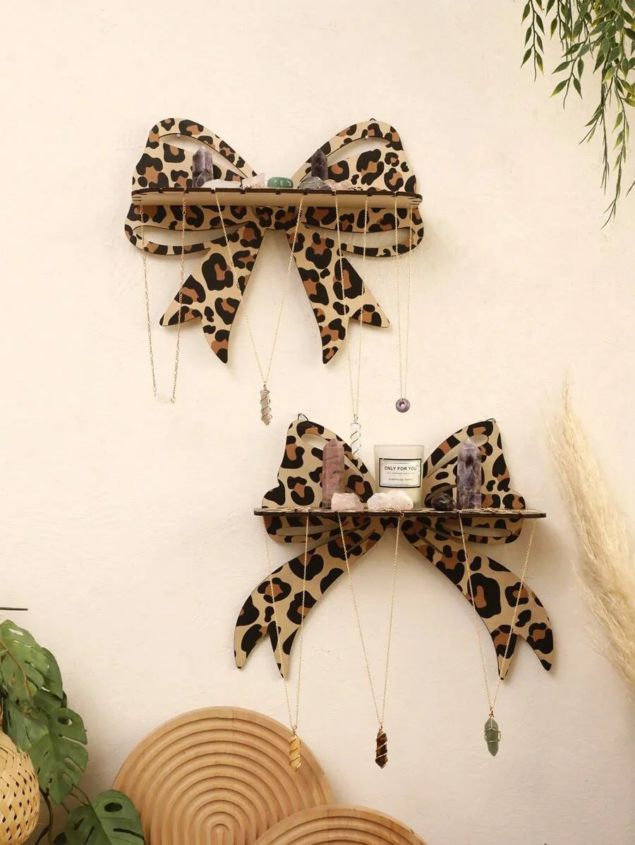 1Piece Bow Wall Mounted Storage Holder Leopard-Print Wall Stand Hanging Jewelry Display Shelf Home Living Room Storage Rack