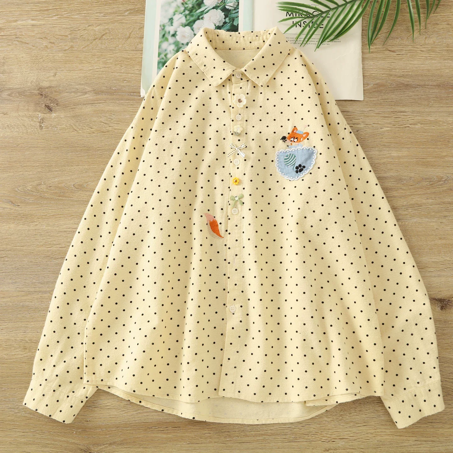 2026 vestiti da donna popolari coreani beige blu navy camicie e camicette con stampa a pois per camicie da donna in cotone spazzolato