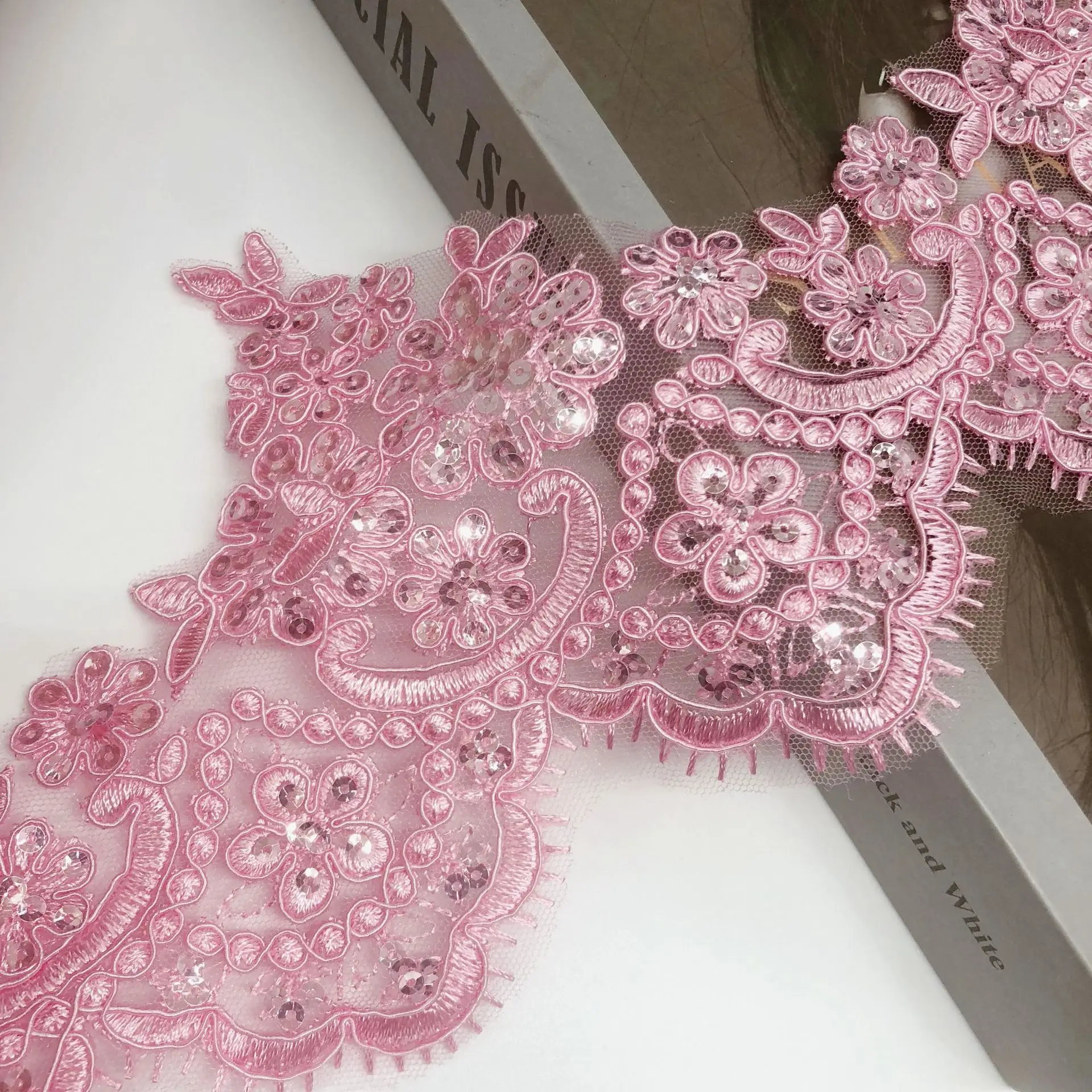 1Yard Pink Camel Cording Fabric Sequins Flower Venise Venice Mesh Lace Trim Applique Sewing Craft for Wedding Dec. 13cm