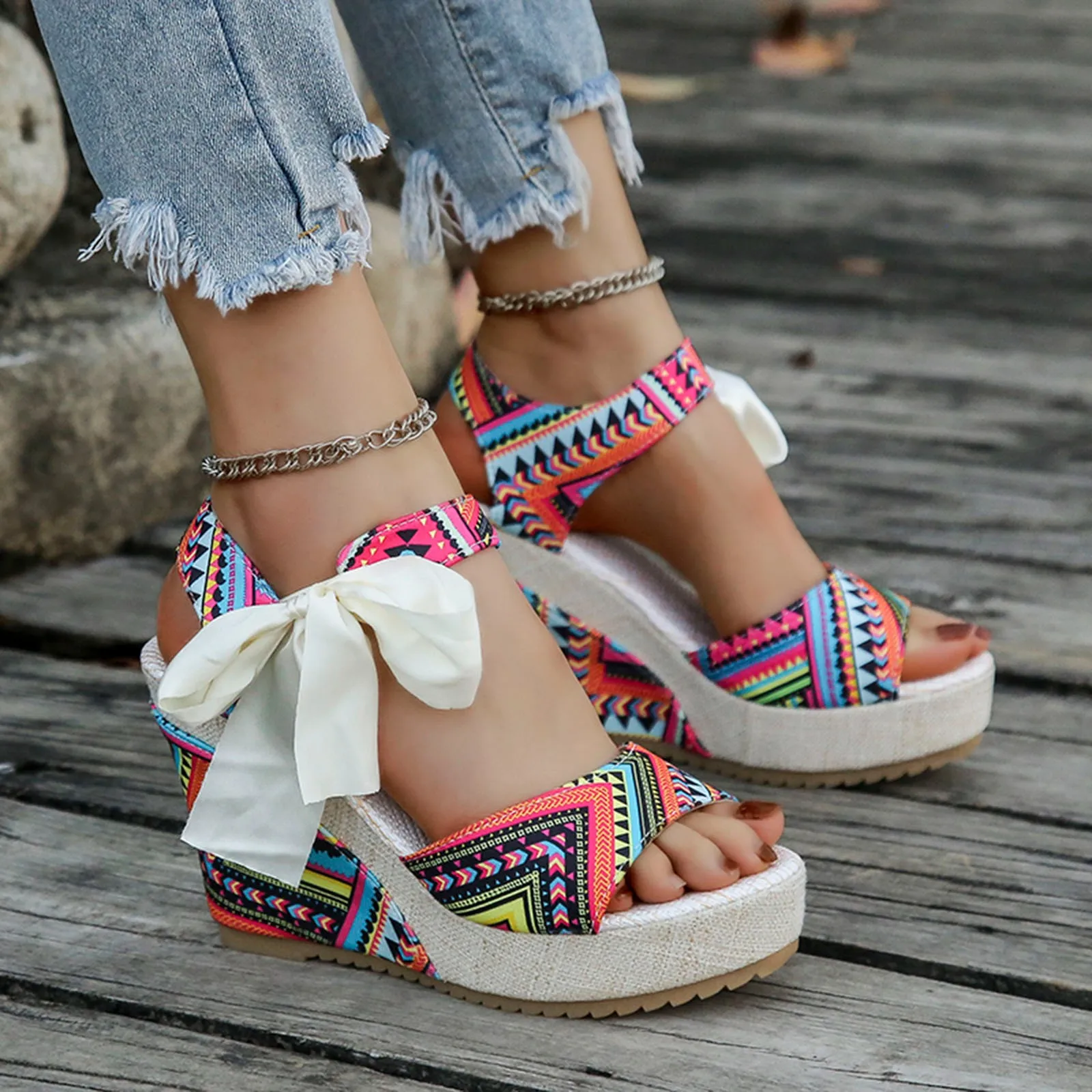 Ladies Summer Beach Boho Floral Wedge Sandals Women Ankle Strap Platform Gladiator Shoes Fashion High Heels Sandalias Mujer