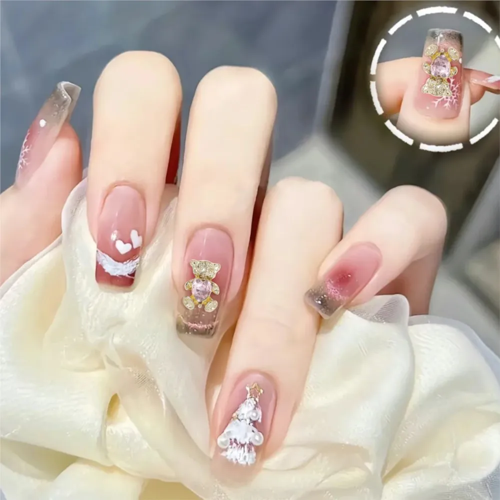 10pcs 3D Cute Gold Silver Alloy Bear Nail Charms Pink Love Heart Diamond Nail Gems 10*7mm Flatback Metal Bear Nail Art Supplies