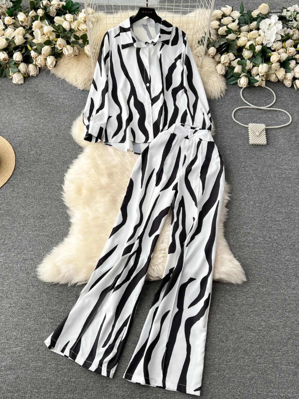 Elegant Floral Print Shirt And High Waist Wide Leg Pants Women's Slimming Fashion Set High End Feel Two Piece Suite