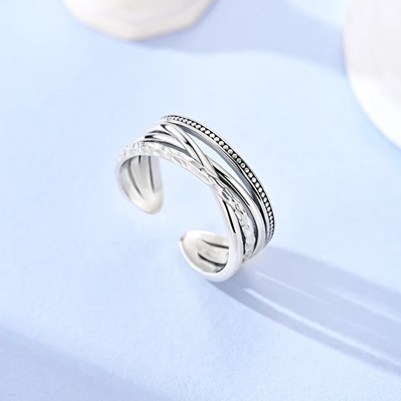 925 Sterling Silver Ring Sparking Original Multi-layered Textured Open Rings For Women Girls Jewelry Birthday Anniversary Gifts