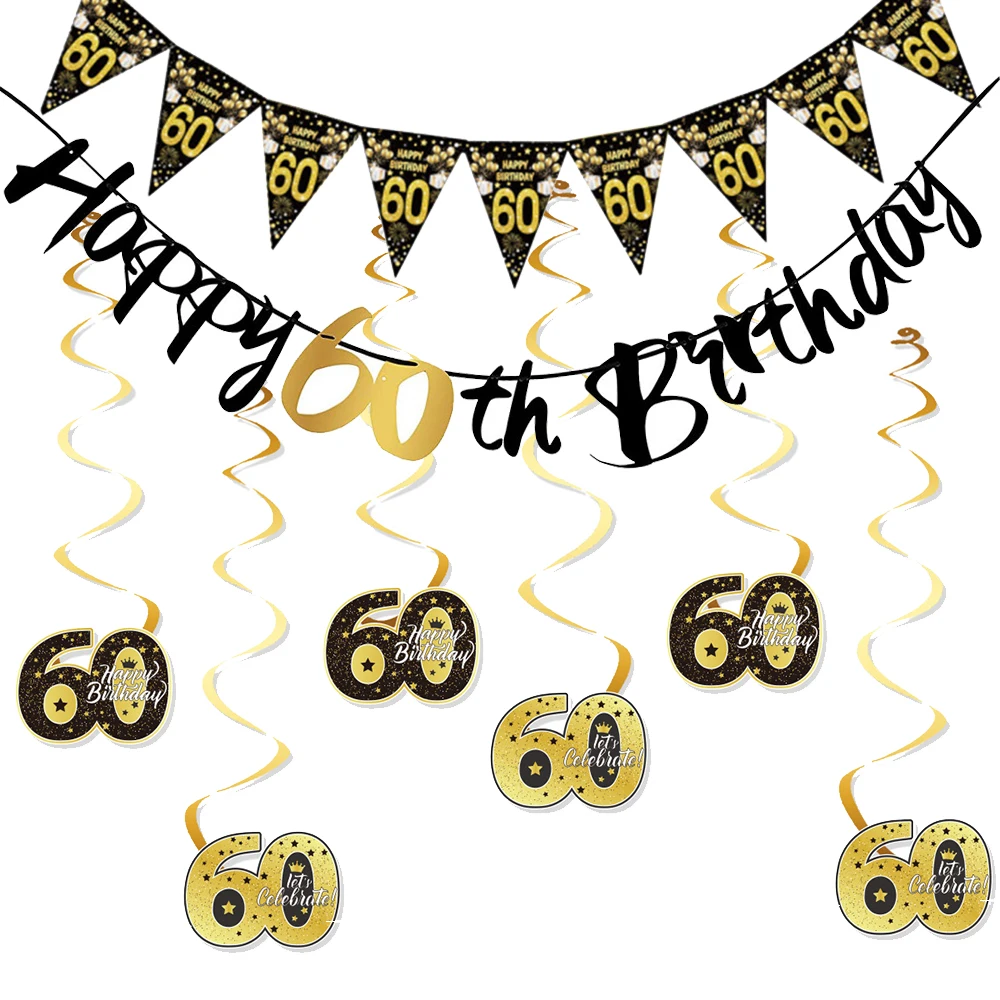 60th Birthday Swirls Streamers Hanging Swirls Happy Birthday Banner Black Gold 60 Years Old Birthday Party Decorations Supplies