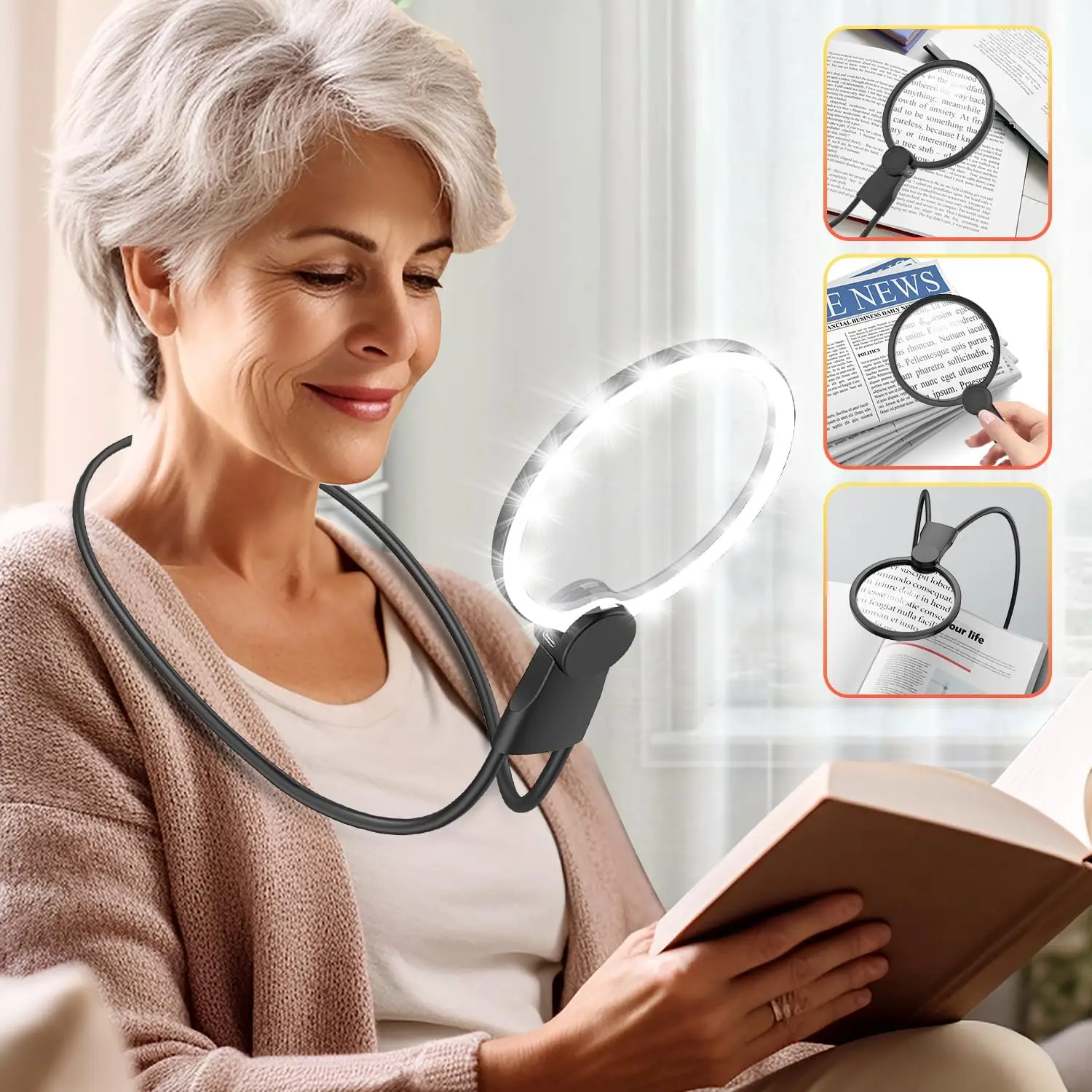 5X Neck Wear Magnifying Glass with Light, 24 LED Illuminated Lighted Magnifier for Seniors Reading Inspection Coin Jewelry Hobby