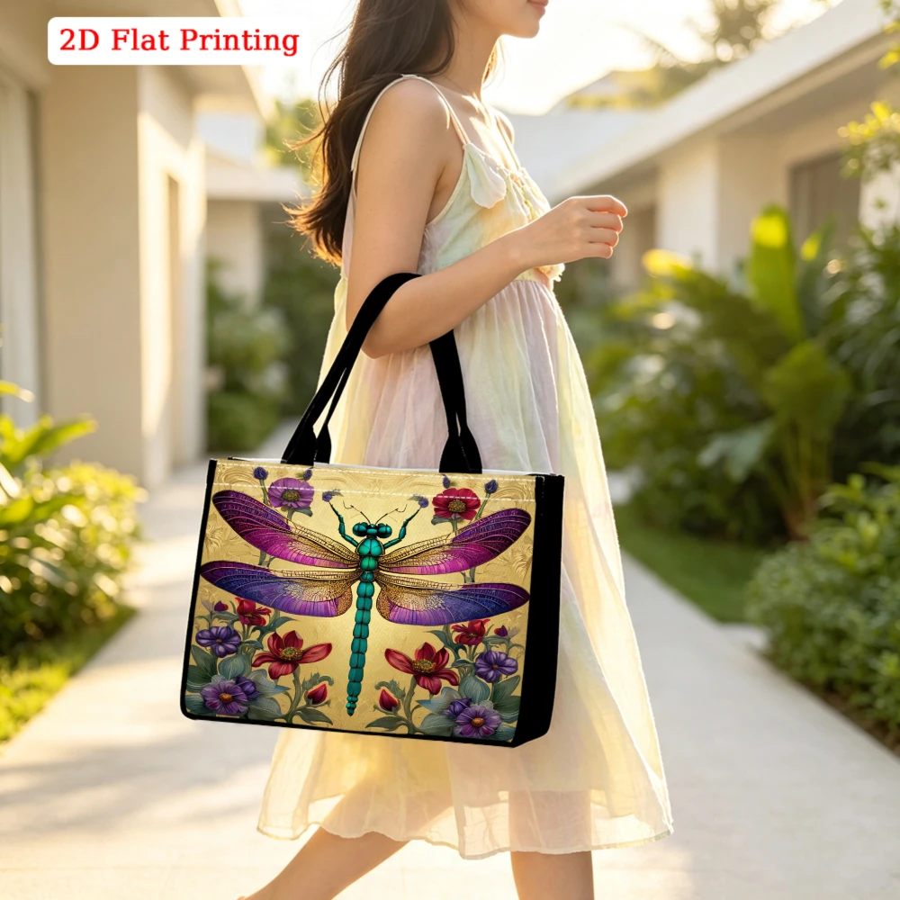 Dragonfly Flower Print Large Capacity Tote Bag Resistant Aesthetic Shoulder Bag For Women Work Commute School Shopping Travel