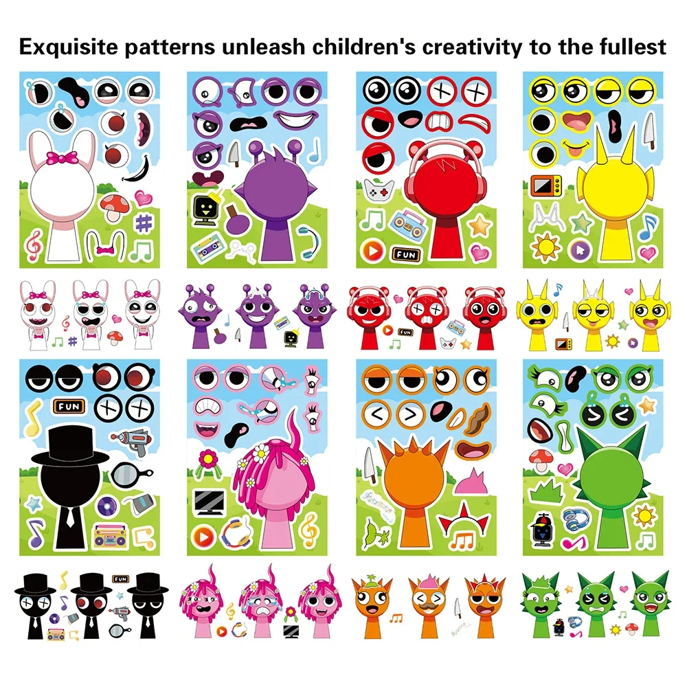 Incredibox Sprunki Cartoon Sticker Puzzle Game 8 16 24 fogli Face Design Assemblare Jigsaw Party Gift