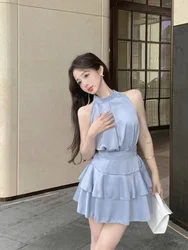 French Elegant Matching Sets Halter Sleeveless Tops High Waist Ruffles Stitching Mini Skirt Summer Fashion 2 Piece Skirts Suits