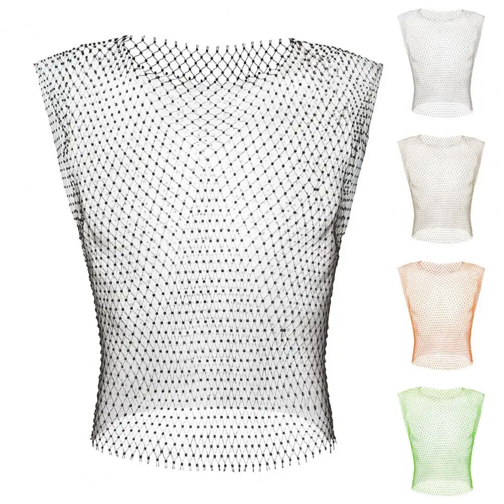 الرجال حجر الراين قمم دبابات شبكة صيد السمك ، انظر من خلال ، سترة جوفاء ، شبكة ، بلا أكمام تيشيرت ، ملابس شفافة ، لامعة ، مثير