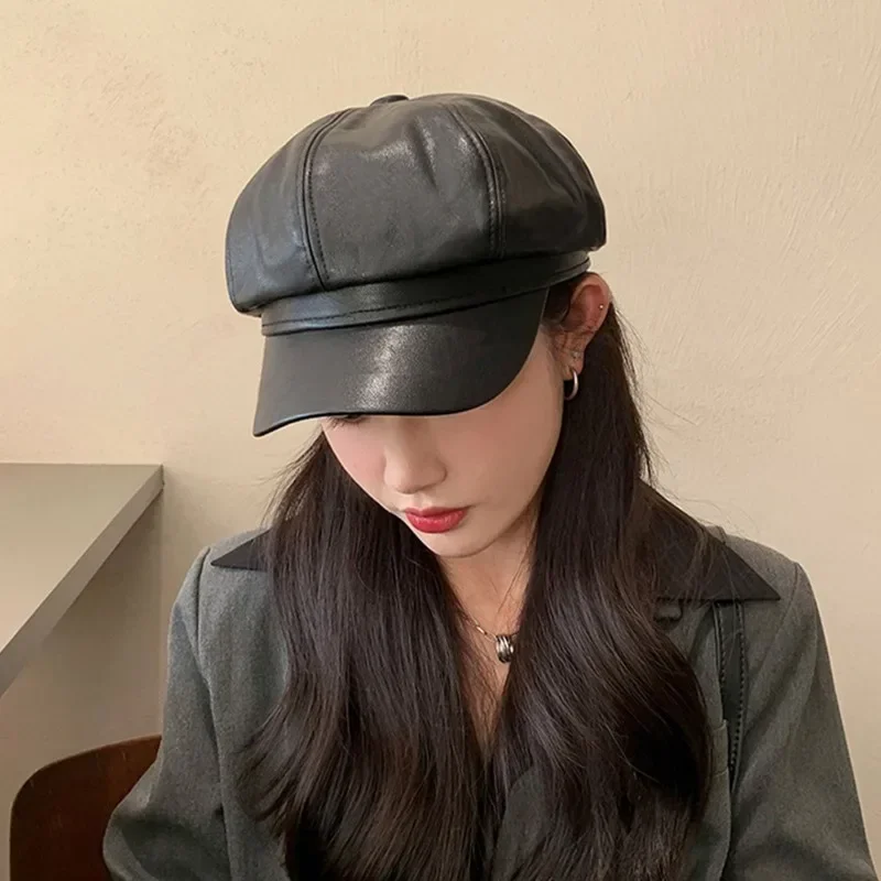 8 Panels Newsboy Caps for Women PU Leather Cabbie Painter  display picture 2
