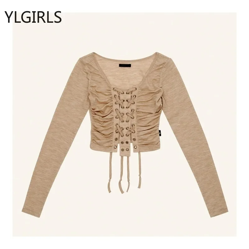 

2024 Autumn for Women Crop Tops Vintage Korean Retro High Street Drawstring Mesh T-Shirt Streetwear Tee Shirt