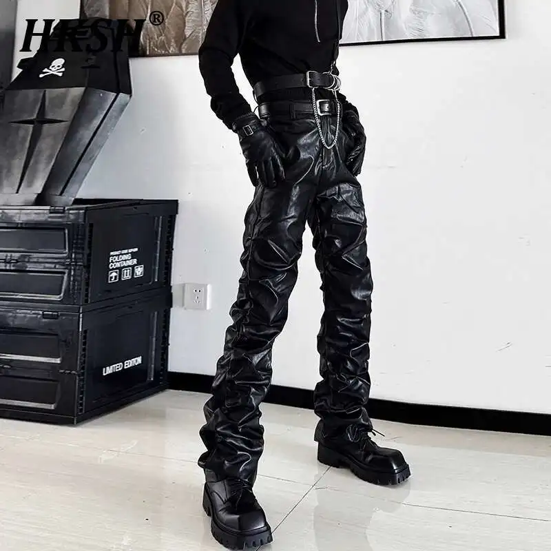 

HKSH Spring Autumn New Men's Tide Handsome American High Street Folded Stacked PU Leather Casual Pants Women Punk Hip Hop HK3340