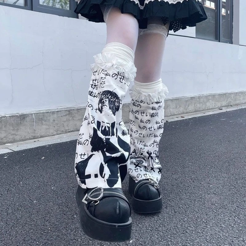 Women Harajuku Japanese Anime Letter Print Leg Warmer Aesthetic Fashion Punk Elastic Ruffle Trim Leg Cover Long Socks