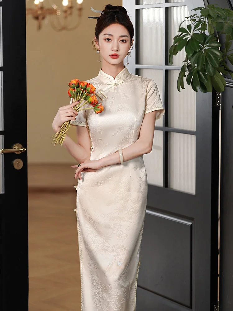 

New Chinese Sle Young Women's Qipao Wedding Dr Ele Improved White Colorl Formal Ocn Mid-Length Svel